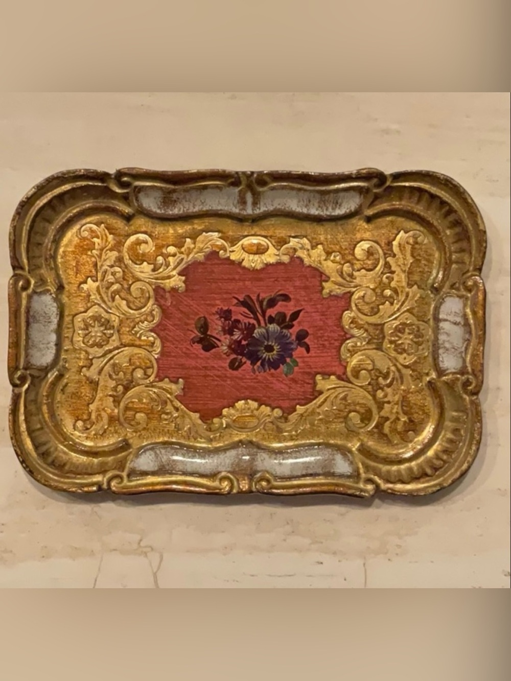 Vintage Firenze Tray Made In Italy Flowers Painted Wood Gold